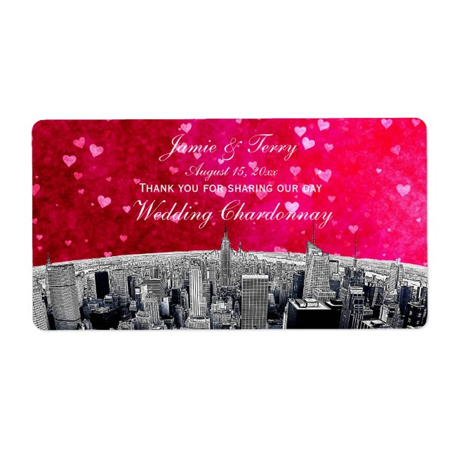 Etched NYC Skyline #2 Pink Red Heart H Wine Label (Vorne)