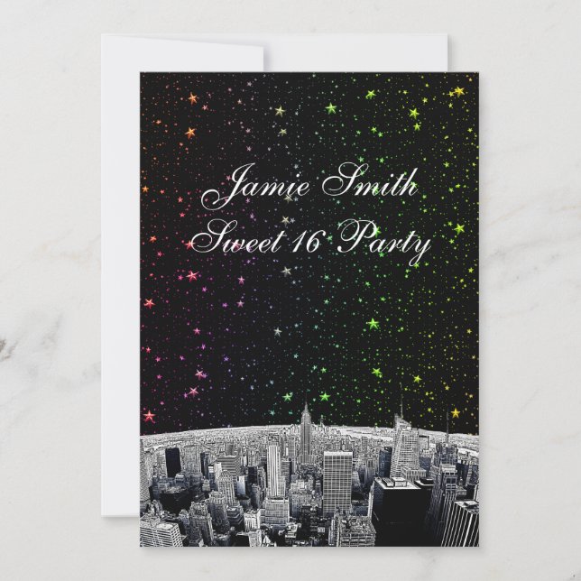 Etched NYC Skyline 2 Rainbow Star Sweet 16 V Einladung (Vorderseite)