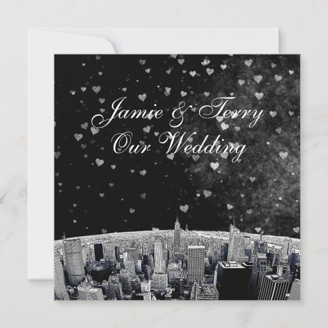 Etched NYC Skyline #2 Schwarz-weiß Heart Wedding Einladung (Vorderseite)