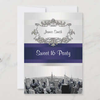 Etched NYC Skyline 2 White, Blue Ribbon Sweet 16 Einladung