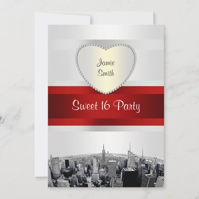 Etched NYC Skyline 2H White, Red Ribbon Sweet 16 Einladung (Vorderseite)