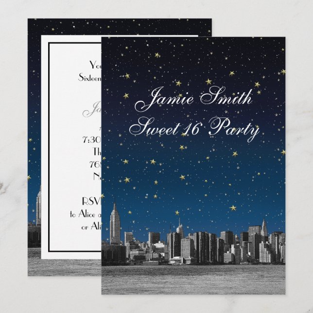 Etched NYC Skyline #3 Starry Blu Sunset Sweet 16 V Einladung (Vorne/Hinten)