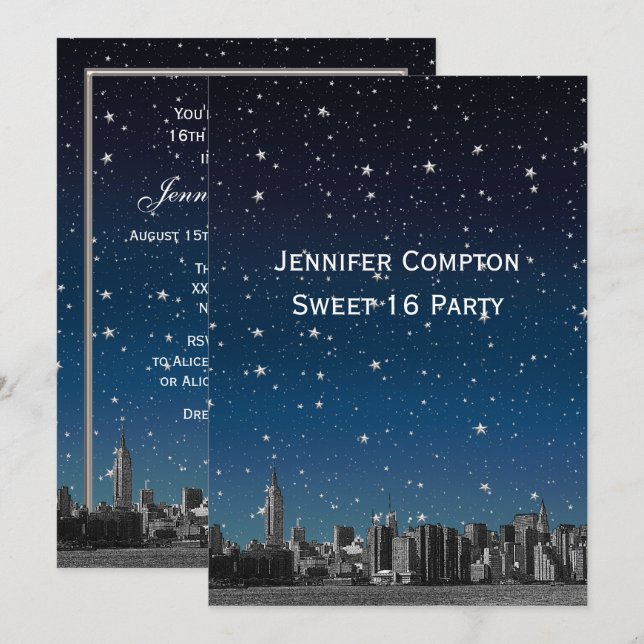 Etched NYC Skyline #3V2 Starry Blu Sunset Sweet 16 Einladung (Vorne/Hinten)