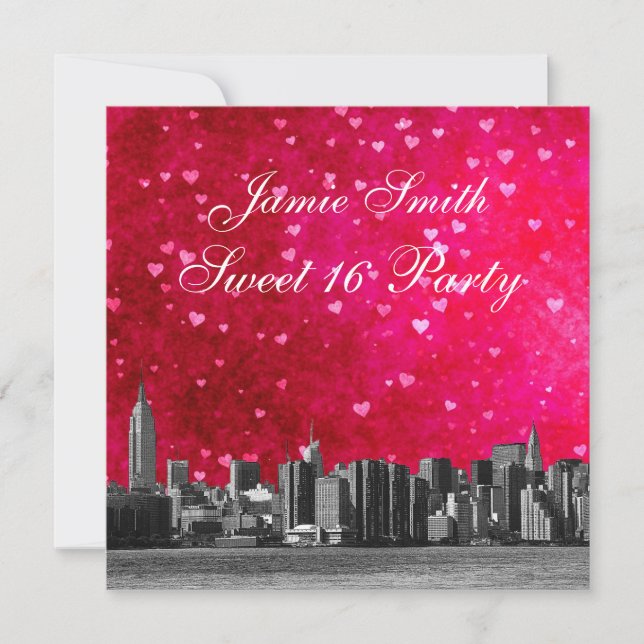Etched NYC Skyline Hot Pink Red Heart Sweet 16 Einladung (Vorderseite)