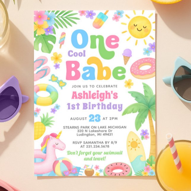Été 1er Anniversaire Invitation - Un Cool Babe (Summer 1st Birthday Invitation - One Cool Babe
)
