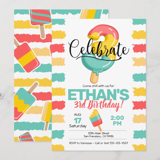 Été 3ème anniversaire Invitation avec Popsicle (Devant / Derrière)