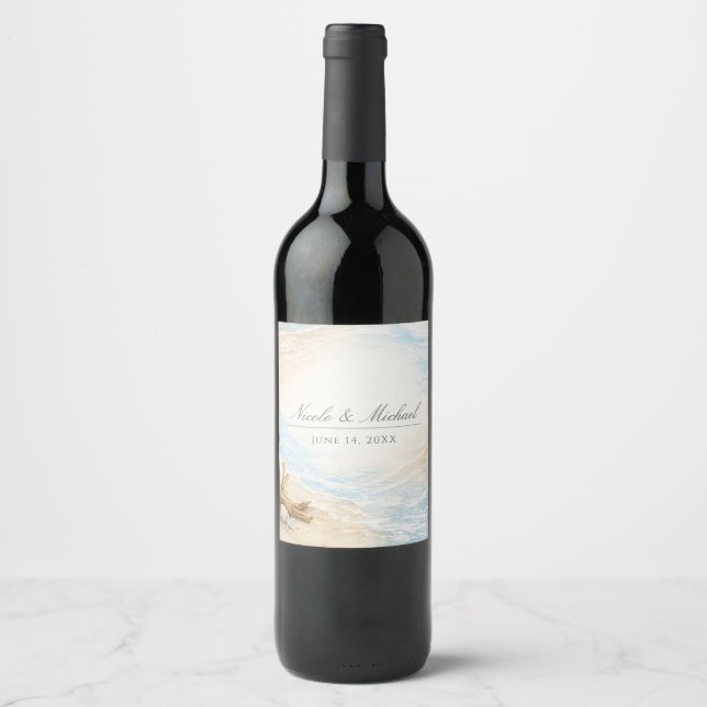 Eterntal Tides Coastal Watercolor Beach Wedding Weinetikett (Vorderseite)