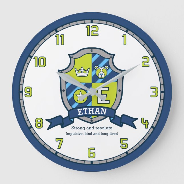 Ethan boys name meaning green blue bear shield große wanduhr (Vorderseite)