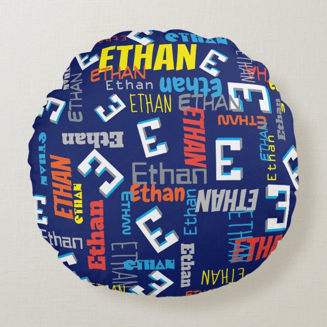 Ethan individuelle Name Pixel E Gaming Blue Rundes Kissen (Vorderseite)