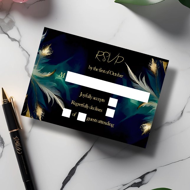 Ethereal aquamarin-blaue Goldfederhochzeit RSVP Karte (Von Creator hochgeladen)