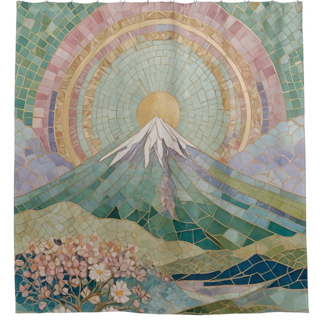 Ethereal Bloom: Pastel Mosaic Volcano in Spring Duschvorhang (Vorderseite)