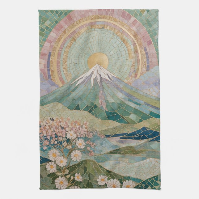 Ethereal Bloom: Pastel Mosaic Volcano in Spring Geschirrtuch (Vertikal)