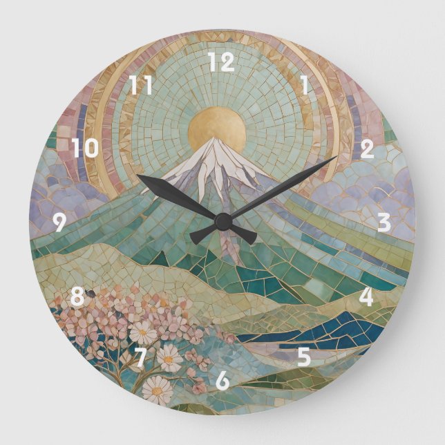 Ethereal Bloom: Pastel Mosaic Volcano in Spring Große Wanduhr (Vorderseite)