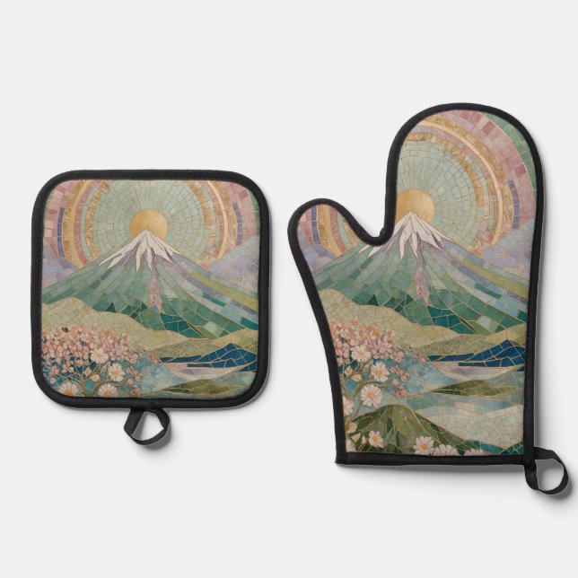 Ethereal Bloom: Pastel Mosaic Volcano in Spring Ofenhandschuh & Topflappen-Set (Vorderseite)