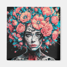 Ethereal Blossoms: Surreal Portrait in Ink and Wat