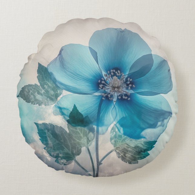 Ethereal Blue Blossom Rundes Kissen (Vorderseite)