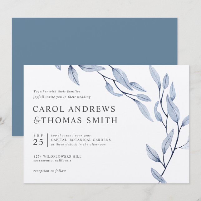 Ethereal Blue | Chic Botanical Blätter Hochzeit Einladung (Vorne/Hinten)