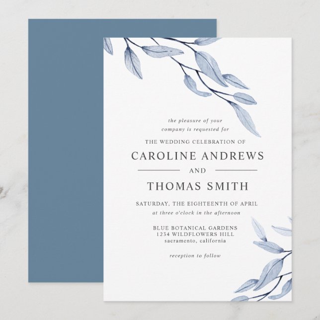 Ethereal Blue | Hochzeit von eleganten botanischen Einladung (Vorne/Hinten)