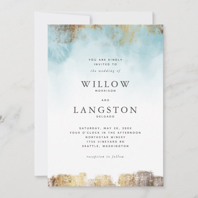 Ethereal Blue Watercolor und Gold Wedding Einladung (Vorderseite)