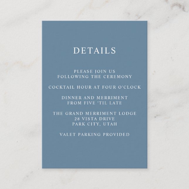 Ethereal Blue WEDDING Hotel Details Unterkunft Begleitkarte (Vorderseite)