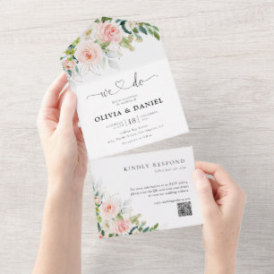 Ethereal Blush Pink Roses Wedding All In One Einladung
