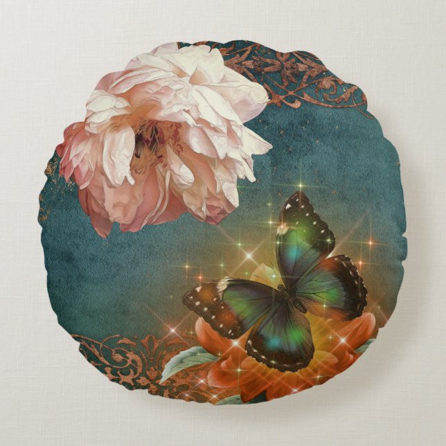 Ethereal Butterly Bokeh und Peony Aquamarin und Pe Rundes Kissen (Vorderseite)