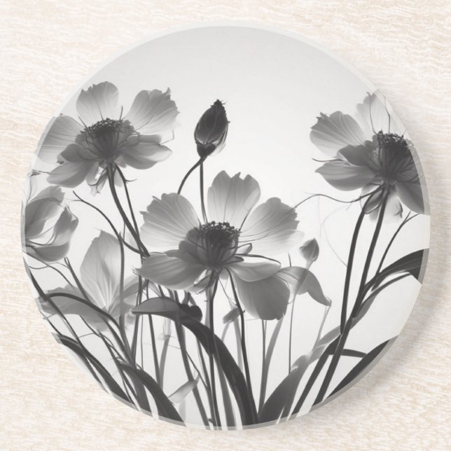 Ethereal Cosmos Bouquet zeitlos schwarz und weiß Getränkeuntersetzer (Vorne)