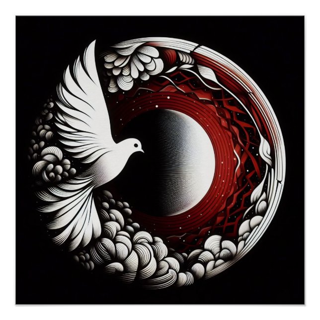 Ethereal Dove Planet - Noir Ink und Red Mandala Poster (Vorderseite)