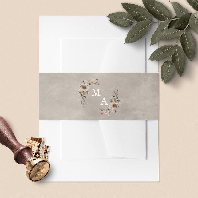Ethereal Elegance Beige Taupe Monogram Wedding Einladungsbanderole (Wrap your invites in style with our floral monogram belly bands, in 6 boho colorways.)