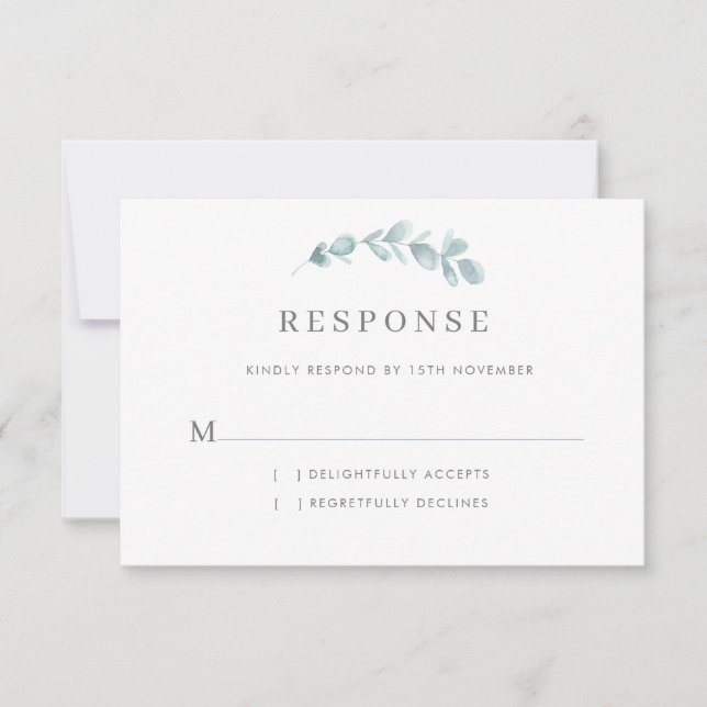 Ethereal Eucalyptus Dusty Blue Wedding RSVP Karte (Vorderseite)