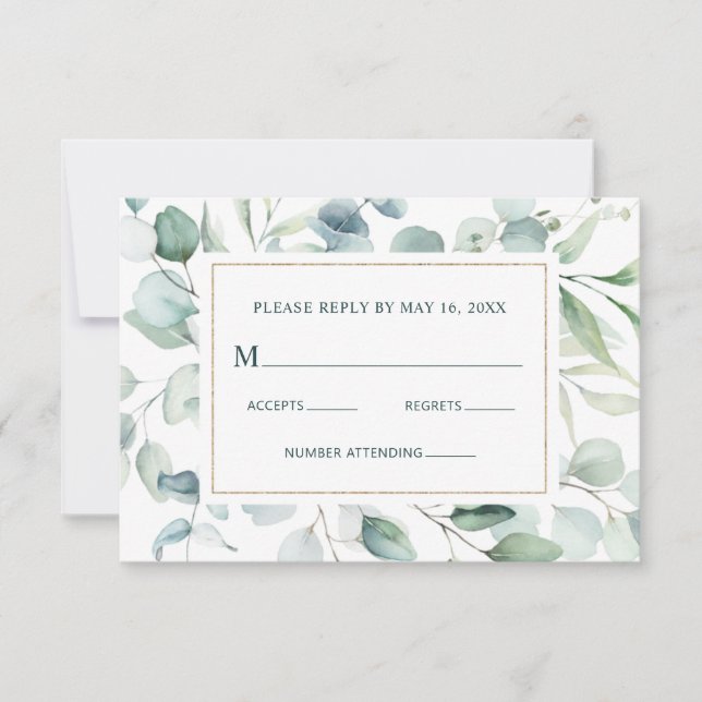 Ethereal Eukalyptus Gold Greenerity Wedding RSVP Karte (Vorderseite)