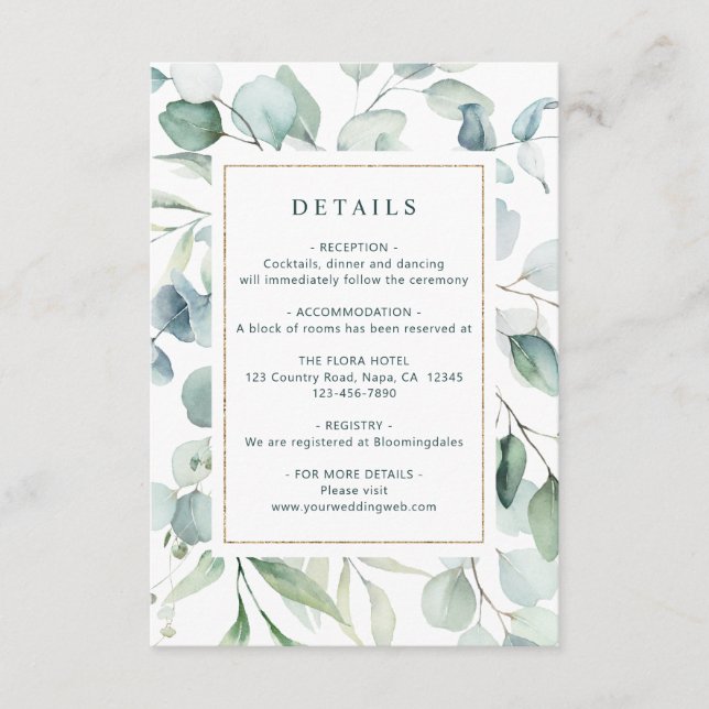 Ethereal Eukalyptus Gold Greenery Wedding Details Begleitkarte (Vorderseite)