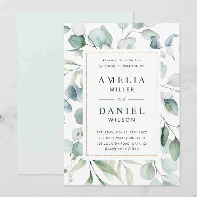 Ethereal Eukalyptus Gold Rahmen Greenerity Wedding Einladung (Vorne/Hinten)