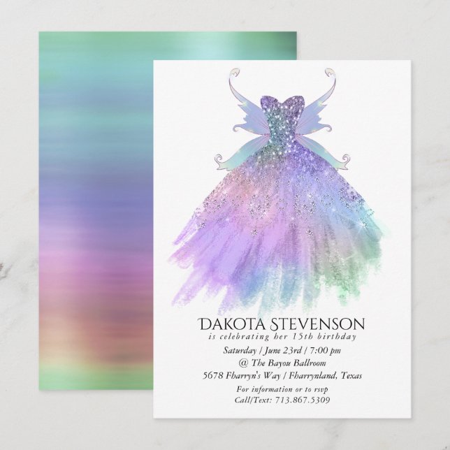 Ethereal Fairy Gown | Rainbow Ombre Pastel Sheen Einladung (Vorne/Hinten)
