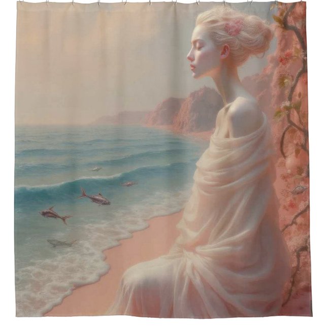 Ethereal Frau am Dreamy Beach Duschvorhang (Vorderseite)