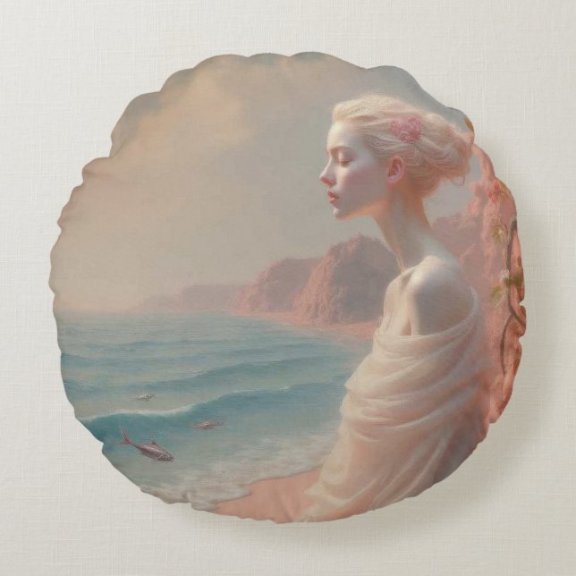 Ethereal Frau am Dreamy Beach Rundes Kissen (Vorderseite)