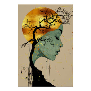 Ethereal Frau Tree Silhouette Moon Poster