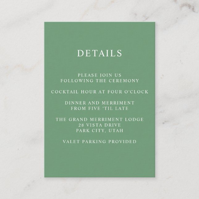 Ethereal Green WEDDING Hotel Details Unterkunft Begleitkarte (Vorderseite)