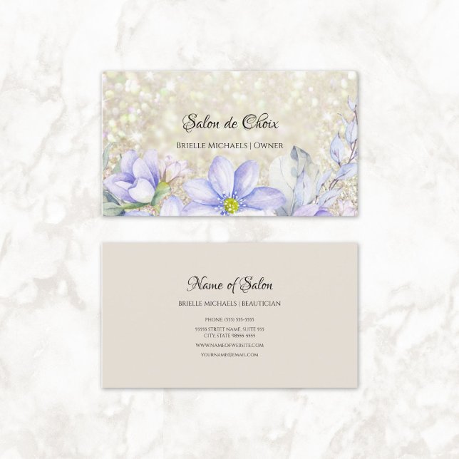 Ethereal Lavender Floral Luxury Glitzer Salon Visitenkarte (Ethereal Lavender Floral Luxury Glitter Salon Business Cards)