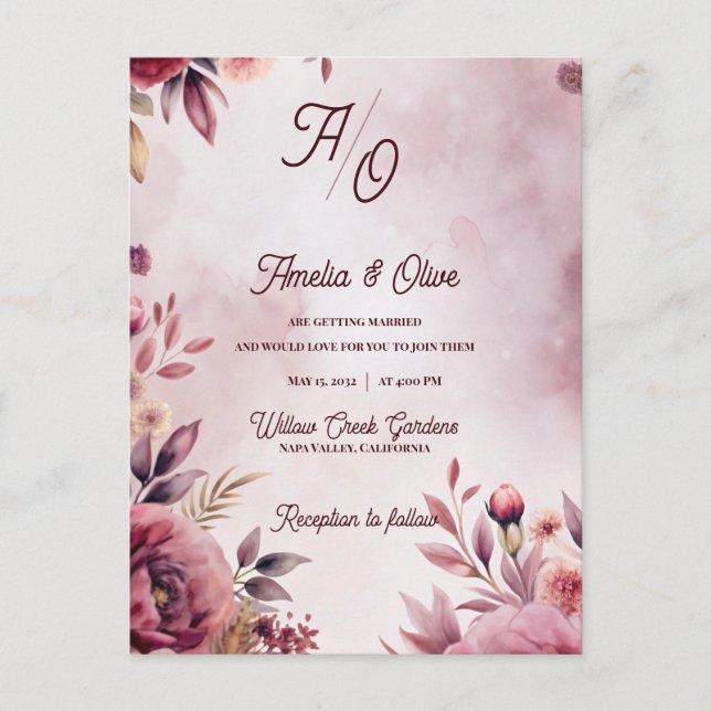 Ethereal Mauve Romantic Luxury Wedding Invitation Postkarte (Vorderseite)