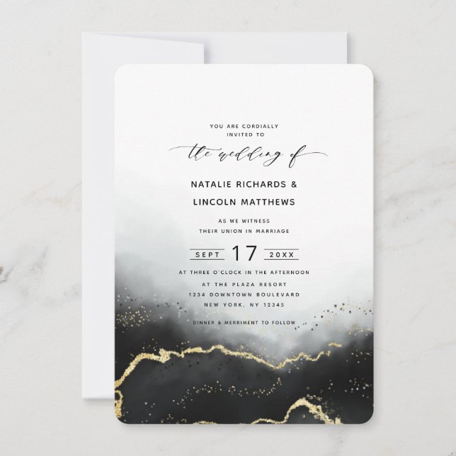 Ethereal Mist Ombre Black Gold Foil Script Hochzei Einladung (Vorderseite)