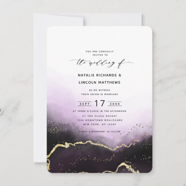 Ethereal Mist Ombre Lila Gold Trendy Wedding Einladung (Vorderseite)