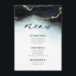 Ethereal Mist Ombre Navy Blue Moody Gilded Dinner Menükarte<br><div class="desc">Ethereal Mist Ombre Navy Blue Watercolor Moody Wedding Design mit handgemalten Aquarellfarbe misty waschen Hintergrund Textur verblassen, Gold-Folie aussehen Weinlinien, und Spuren von Konfetti Punkte und Kanten. Ein trendiger und moderner Look für jede Jahreszeit mit sanfter, verträumter Farbpalette : Schwarz, Navy, Dusty Blue, White und Gold, mit einem schicken, beliebten...</div>