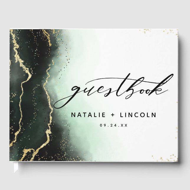 Ethereal Mist Ombre Smarald Green Gilded Wedding Gästebuch (Vorderseite)