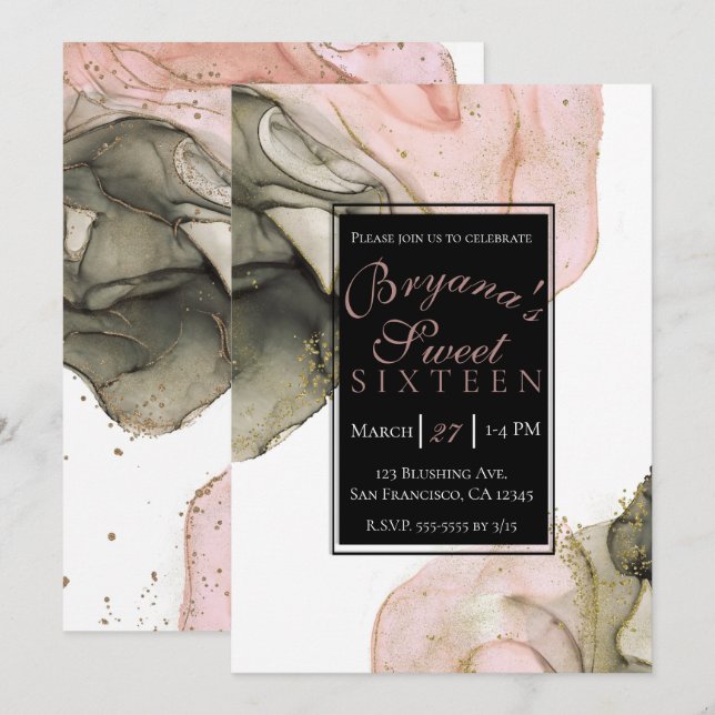 Ethereal Moody Pink Black Gold Inky Glam Sweet 16 Einladung (Vorne/Hinten)