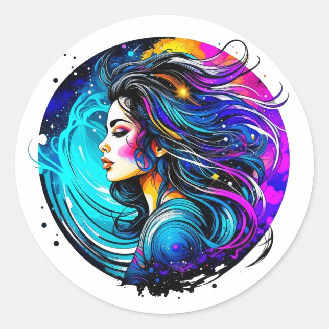 Ethereal Mystical Beautiful Frauen farbenfroh Kuns Runder Aufkleber (Vorderseite)