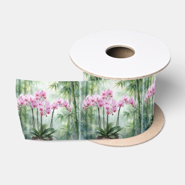 Ethereal Pink Orchids and Bamboo Satinband (Spule)