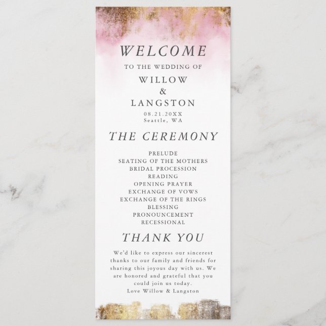 Ethereal Pink Wasserfarbe und Gold Hochzeit Zeremo Programm (Vorderseite)
