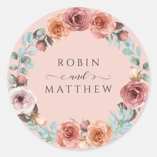 Ethereal Rose Gold, Blush Peach Bloral Hochzeit Runder Aufkleber (Vorderseite)
