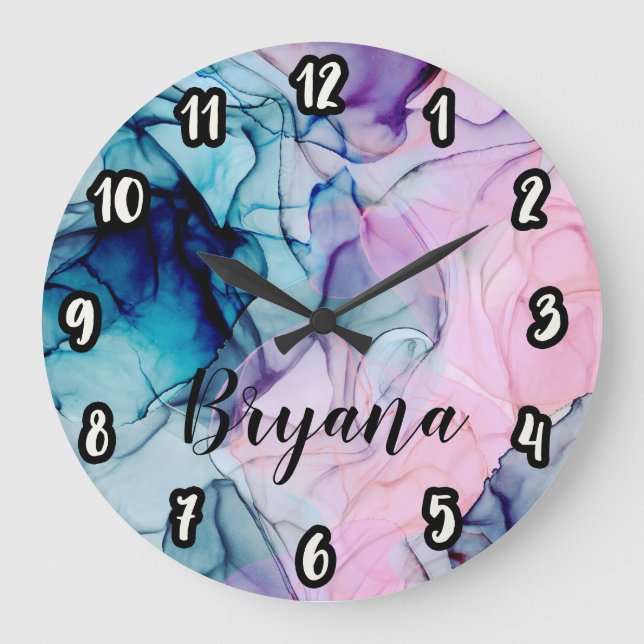 Ethereal Teal Pink Purple Inky Modern Glamour Große Wanduhr (Vorderseite)